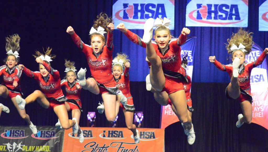 Marist's cheerleaders finished second in the state in the Large Team division on Saturday. Photo by Jeff Vorva