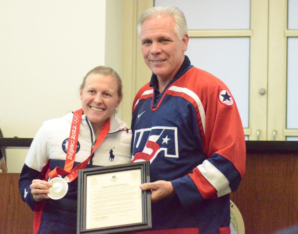 Olympian Kendall Coyne Schofield and Mayor Keith Pekau pose after she was honored by the Village of Orland Park Monday night. (Photos by Jeff Vorva)