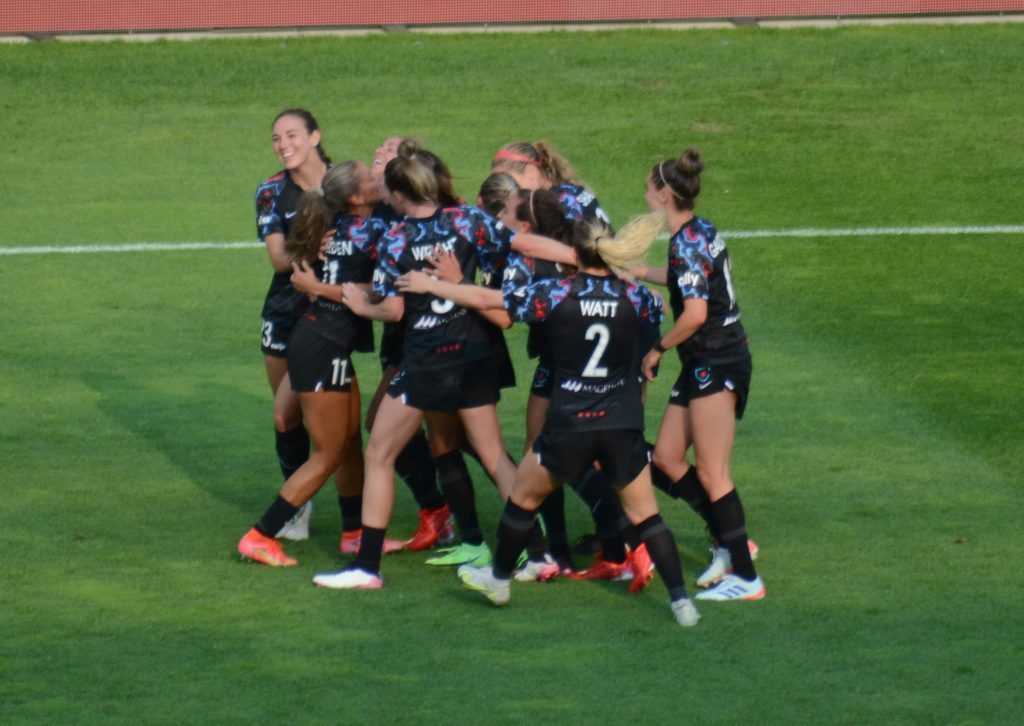 The Chicago Red Stars, shown celebrating a goal during the 2021 season at SeatGeek Stadium in Bridgeview, hope there will be more celebrations in 2022. They play their first home Challenge Cup game at 7:30 p.m. Friday. Photo by Jeff Vorva