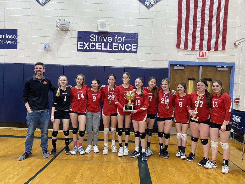 The Palos 118 South Middle School eighth-grade volleyball team took first place in the Southwest Interscholastic Conference tournament on March 12. (Supplied photo)