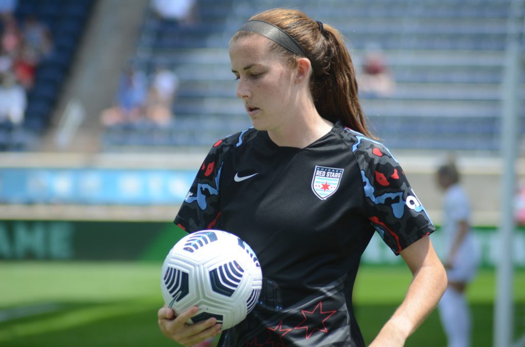 Chicago Red Stars defender and Team USA mainstay Tierna Davidson, shown in a game in 2021, suffered and injury and will be out for the 2022 campaign. Photo by Jeff Vorva