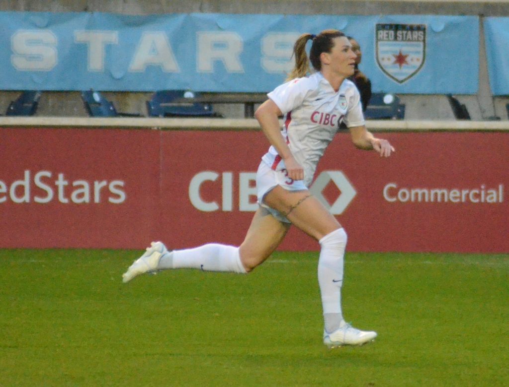 Arin Wright, shown playing in the Chicago Red Stars' season opener on April 30, and her teammates were idle on Saturday night because their scheduled opponent, Washington, was playing in the exhibition Challenge Cup final. Photo by Jeff Vorva