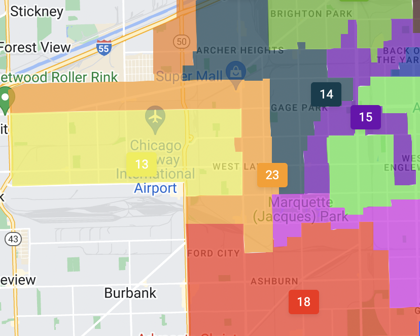 Captions:The new map will shift control of Midway International Airport from the 23rd to the 13th Ward, and push the 14th Ward east, out of Garfield Ridge entirely. --Supplied image