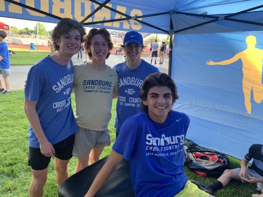 Sandburg's 3200 meter relay team of (left to right) Sean Marquardt Declan Tunney, Trent Anderson and Brock Rice ran the third-best time in the nation Thursday at Lockport and finished in second place. Photo courtesy of Sandburg High School.