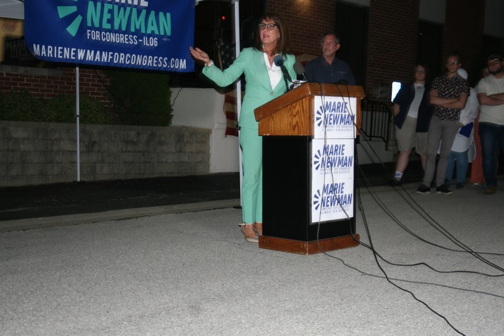 U.S. Rep. Marie Newman (D-3rd) addresses the crowd at her election night headquarters Tuesday night in Countryside. Newman lost to U.S. Rep. Sean Casten in the redrawn 6th Congressional District primary race. (Photo by Joe Boyle)