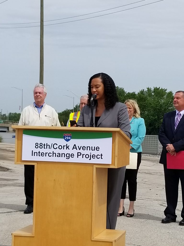 Executive Director for the Illinois Tollway Lanyea Griffin addresses the crowd during groundbreaking ceremonies in June for the new Justice interchange on the Tri-State Tollway. (File photo)