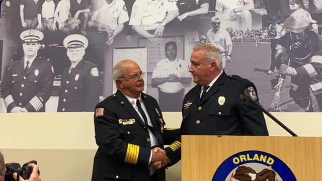 Former Fire Chief Robert M. Buhs (left) with Orland Fire Protection District Fire Chief Michael Schofield. (Photo courtesy of Steve Neuhaus)
