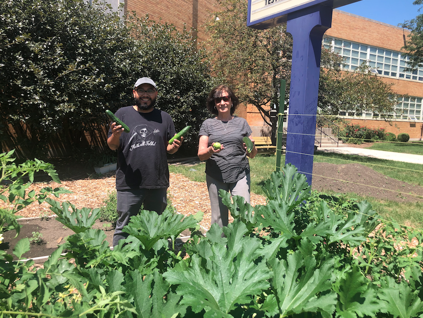 Luis Gaytan and Anita Cummings of the United Business Association of Midway hold up cucumbers, zucchini and tomatoes--just a few of the fruits and vegetables now growing in the community garden outside Hale School, 6140 S. Melvina. --Photo by Dermot Connolly