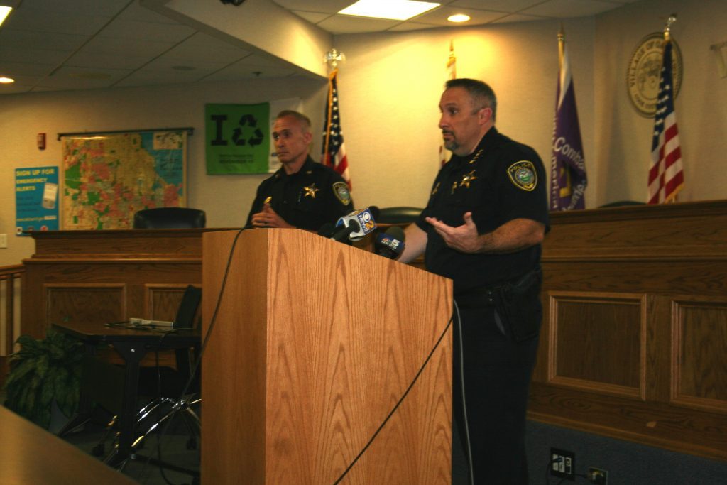 Oak Lawn Police Chief Dan Vittorio, accompanied by Division Chief Gerald Vetter on his right, speaks to the media last Thursday afternoon at the Oak Lawn Village Hall. (Photos by Joe Boyle)