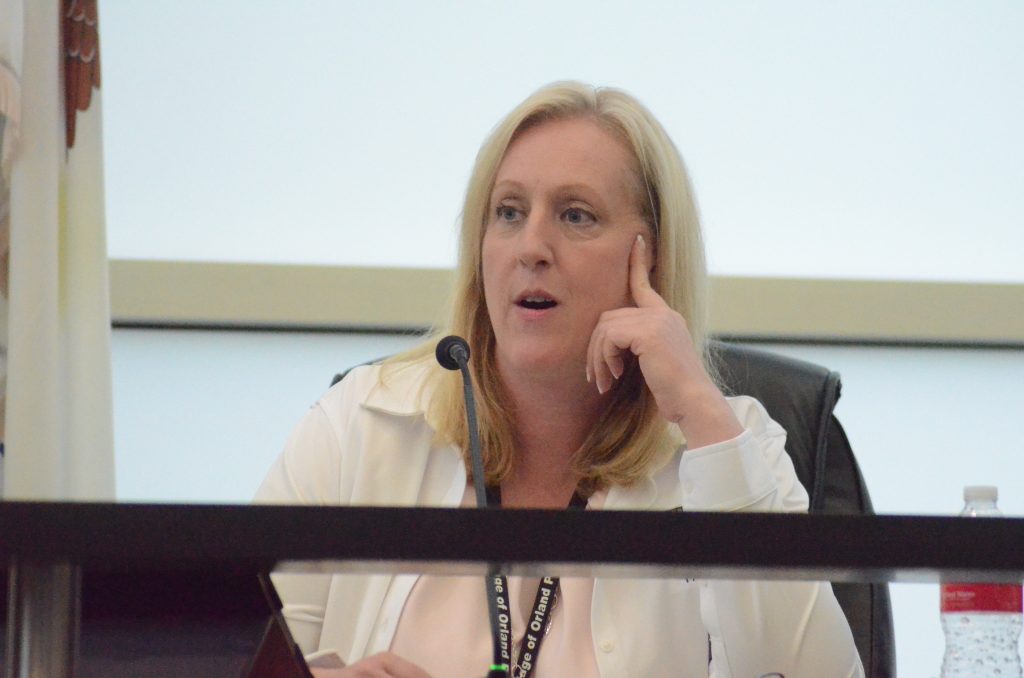 Orland Park Trustee Joni Radaszewski, shown at a June 20 meeting, participated via phone at the Sept. 6 meeting. It was her first board meeting since being involved in a serious auto accident. (Photo by Jeff Vorva)