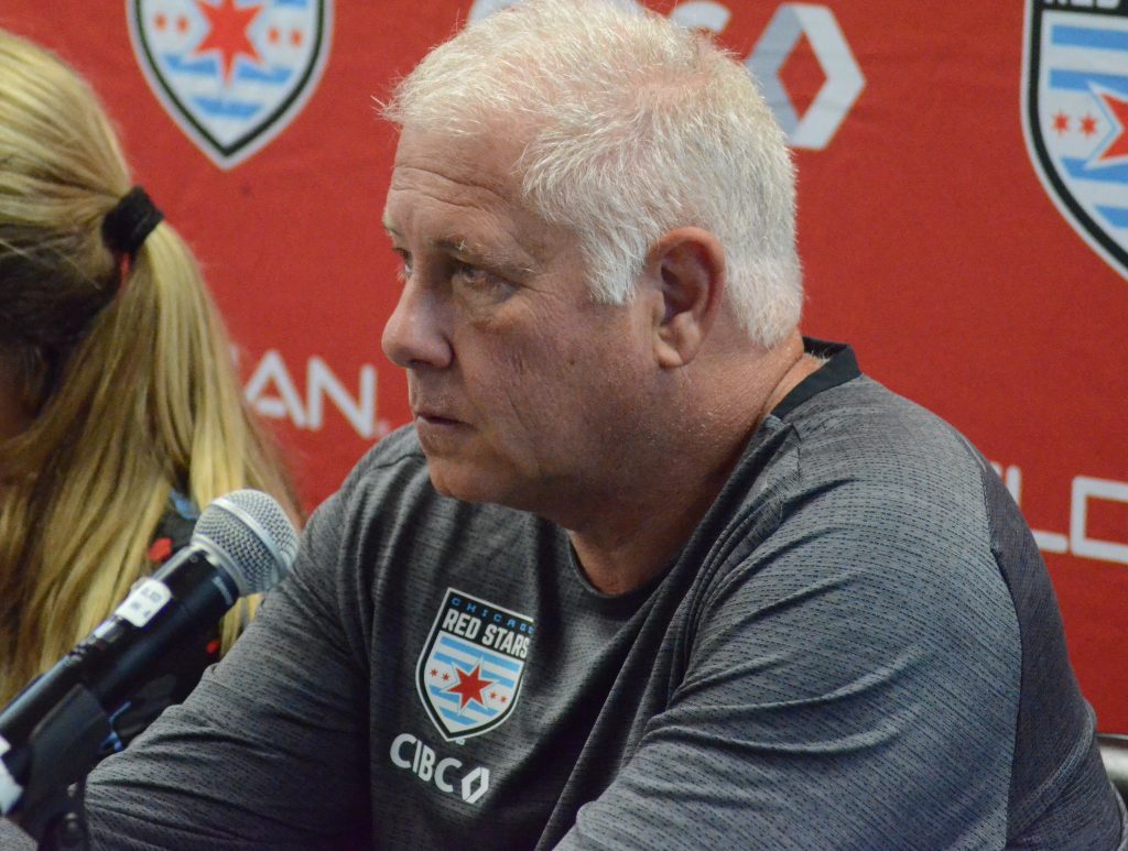 Red Stars coach Chris Petrucelli was not happy that his team had two players thrown out of Sunday's 3-0 loss to Portland. Photo by Jeff Vorva