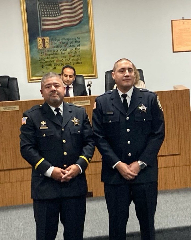Summit Police Chief Mel Ortiz (left) with newly promoted Sgt. Raymond Gonzales. (Supplied photo)