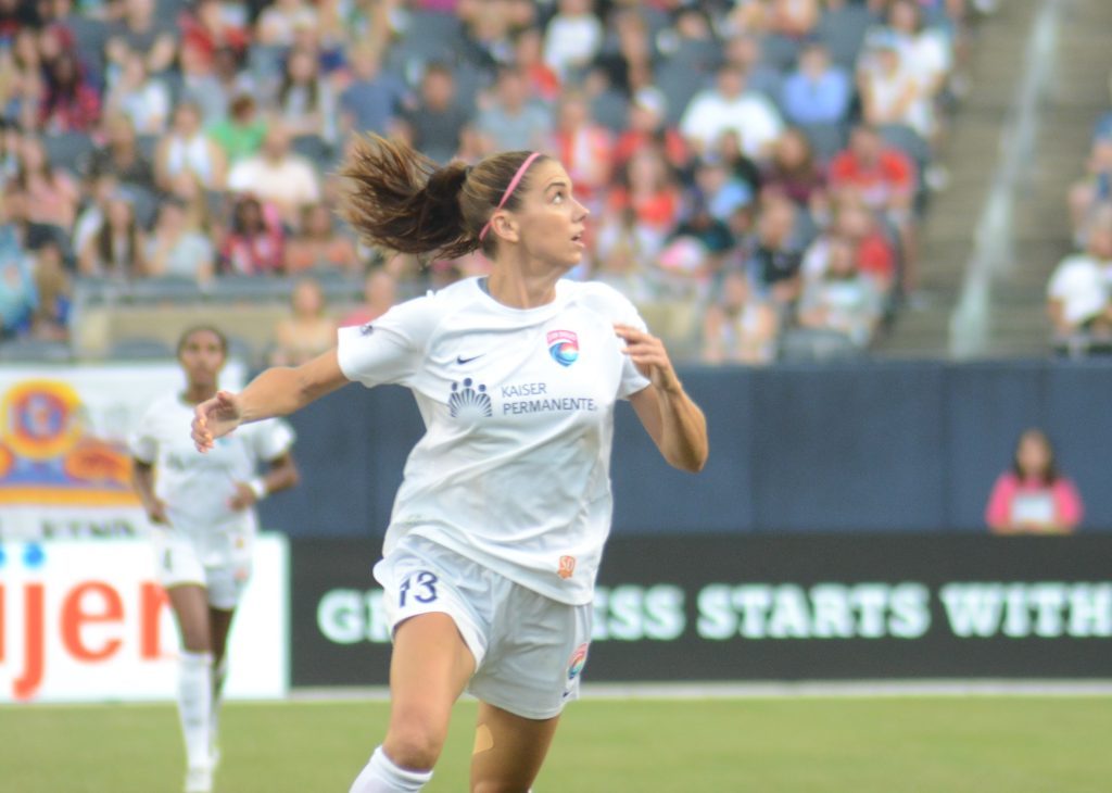 San Diego star Alex Morgan, shown in a game against the Chicago Red Stars at Soldier Field earlier in the year, scored the winning goal in overtime in a 2-1 victory over Chicago in the first round of the NWSL playoffs. Photo by Jeff Vorva