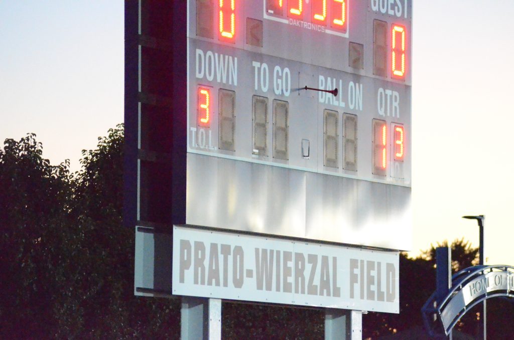 The scoreboard says it all. Legendary coaches Lou Prato and Dennis Wierzal were honored by having the Reavis athletic field named after them. Photo by Jeff Vorva 