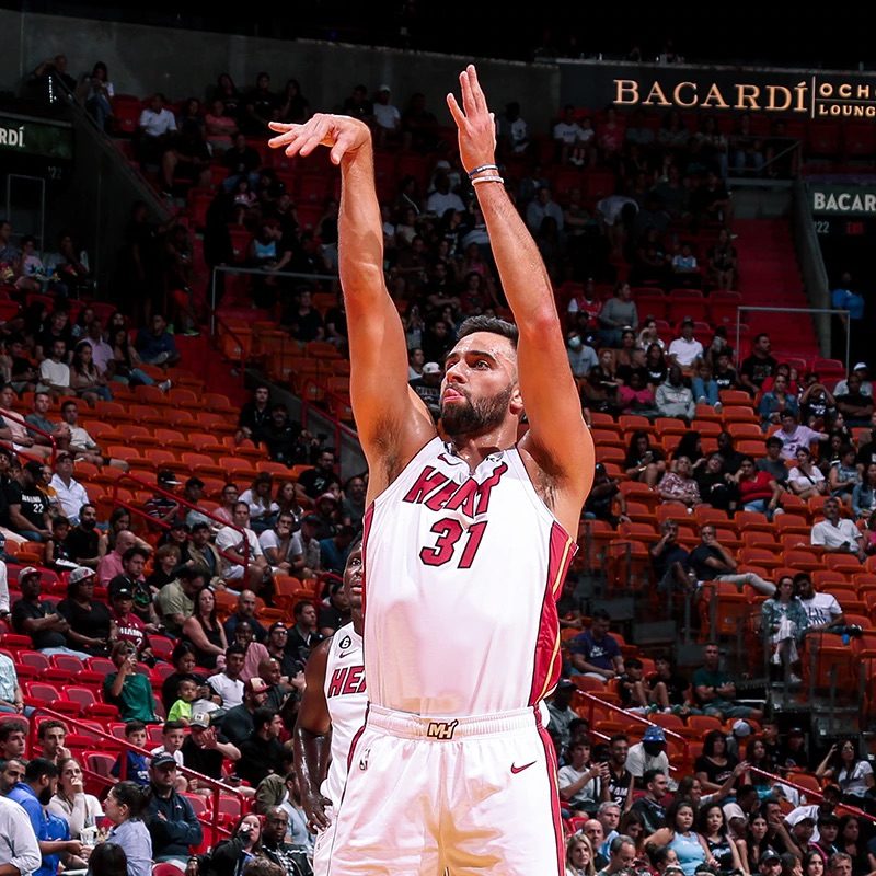 Former Stagg star Max Strus lets loose with a 3-point attempt during the preseason for the Miami Heat. Photo courtesy of the Miami Heat
