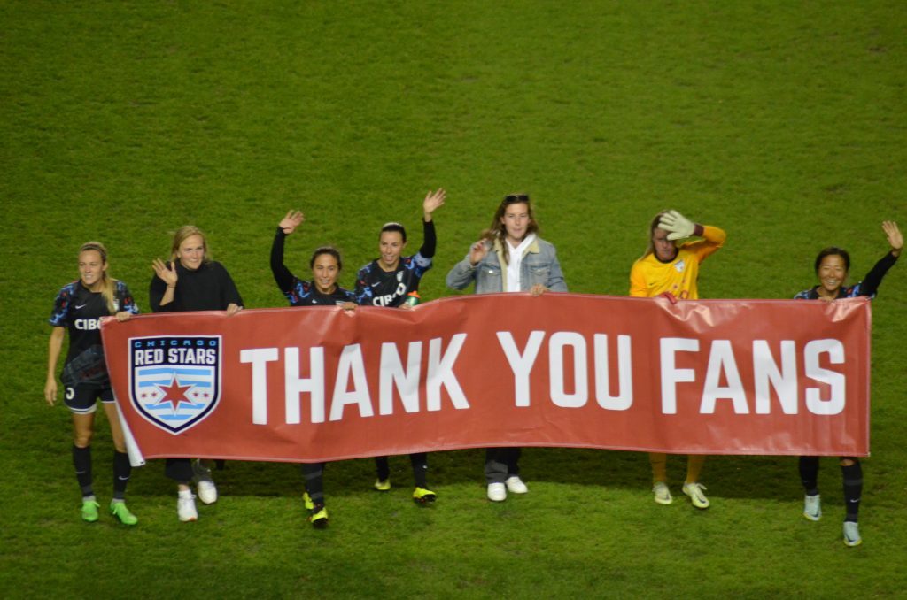 Red Stars players thank their fans at the end of Sunday's 2-0 win over Angel City to qualify for the NWSL playoffs. The team will be on the road in the postseason. Photo by Jeff Vorva