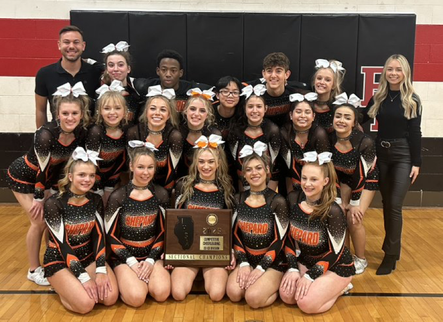 Shepard's cheerleaders won the coed division of the Bradley-Bourbonnais Sectional and will head to state. Photo by Shepard High School
