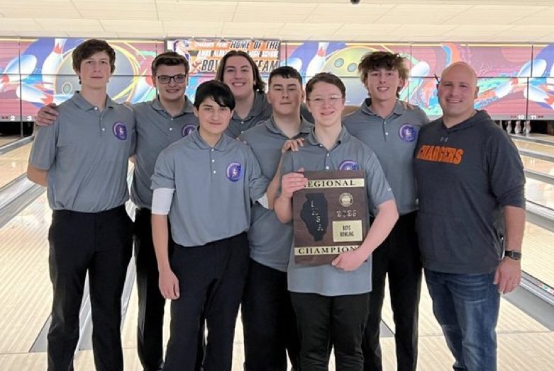 Stagg freshman Noah Jones (holding plaque) rolled a 300 to help the Chargers capture the boys bowling program's first team regional title. Photo courtesy of Stagg High School