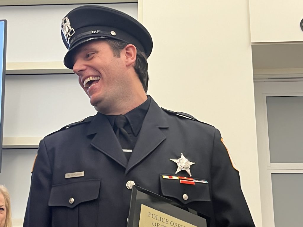 Michael Benjamin has a laugh after being named Orland Park’s Officer of the Year during a ceremony on Jan. 16. (Photo by Jeff Vorva)