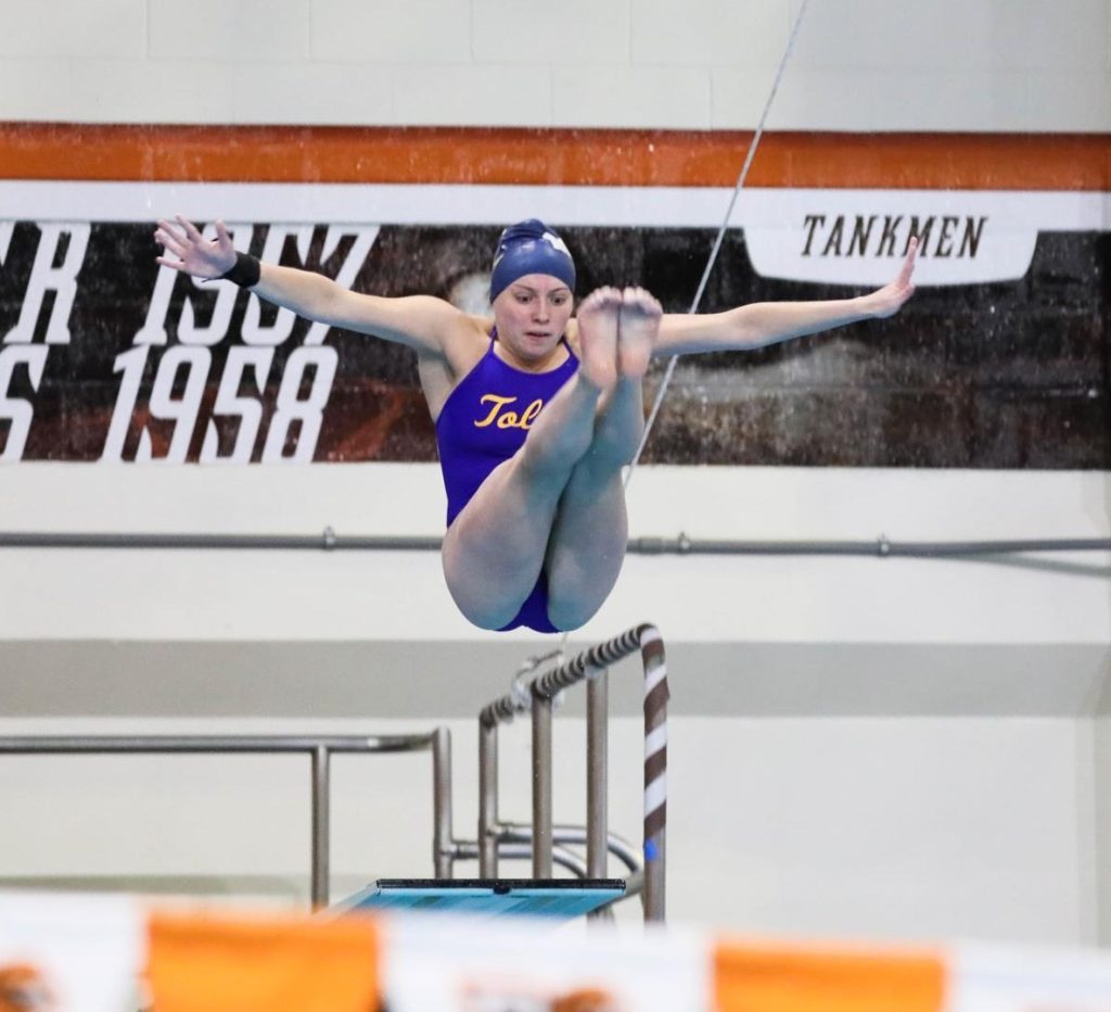 Madison Giglio, a Sandburg graduate who competes for the Toledo diving team, won two events at a recent meet and was named MAC Women’s Diver of the Week. Photo courtesy of University of Toledo Athletics