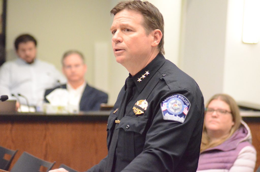 Lemont Police Chief Marc Maton, representing ILEAP, praised Orland Park's department during Monday's board meeting. (Photo by Jeff Vorva)