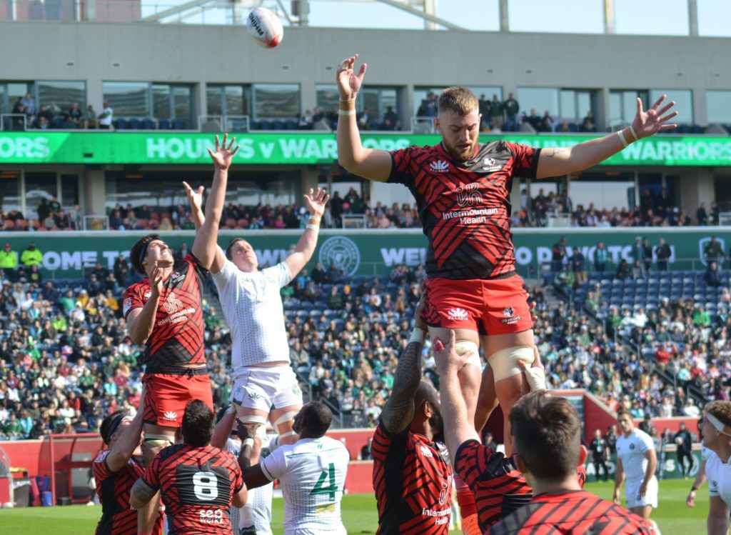 Hounds and Warriors are lifted during a lineout in Utah's 14-10 win over the Chicago Hounds March 5 at SeatGeek Stadium. Photo by Jeff Vorva
