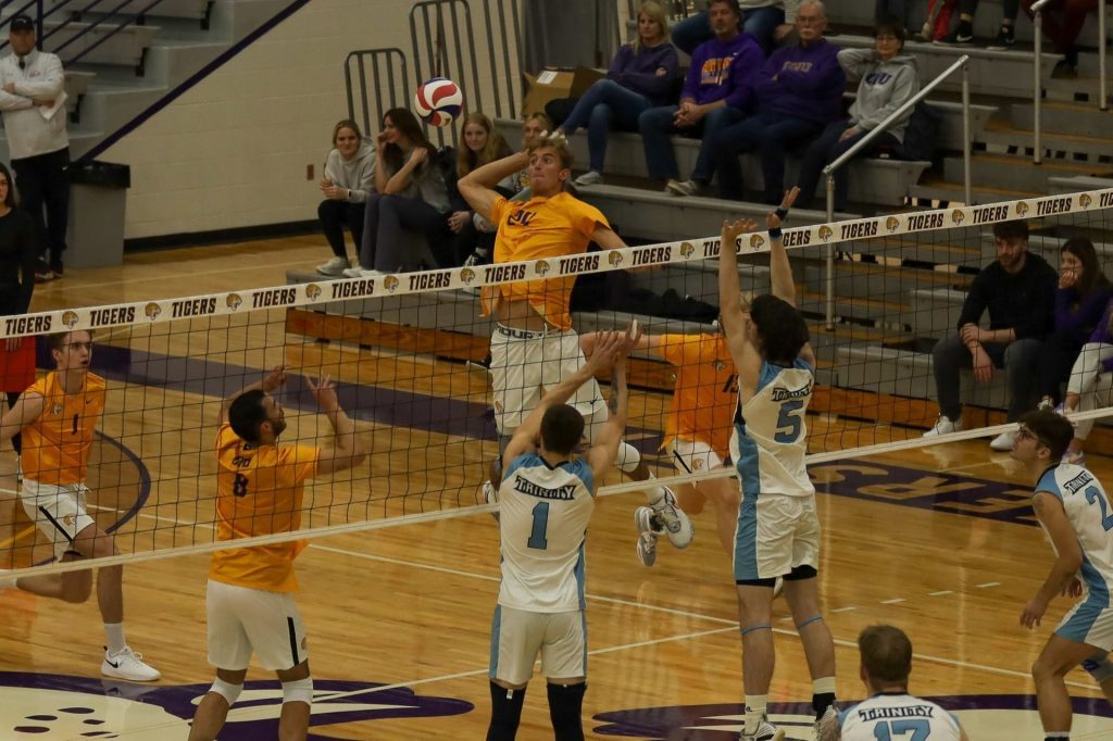 Olivet Nazarene men’s volleyball player Jake Ostema won weekly conference awards for attacker and defender in consecutive weeks during March. Photo courtesy of Olivet Nazarene University Athletics