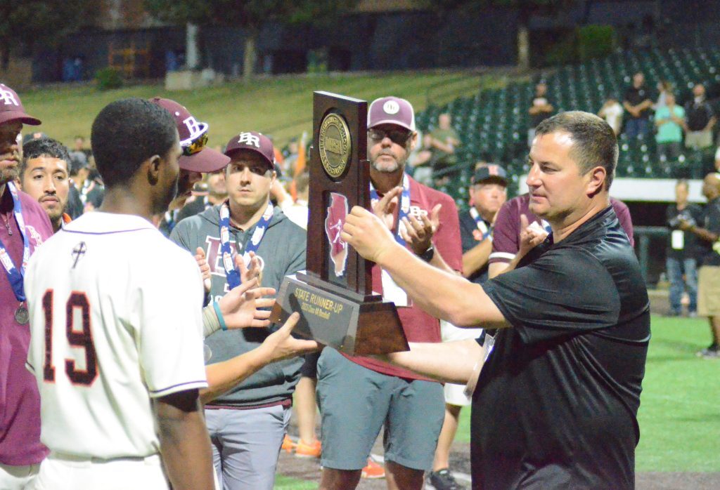 Brother Rice is presented with the IHSA Class 4A second-place trophy on June 10 at Duly Health and Care Field in Joliet. The Crusaders concluded their season with the program's best finish since 1981. Photo by Jeff Vorva