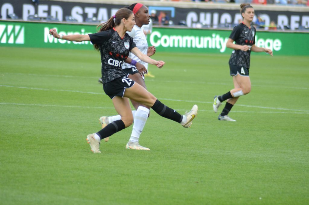 Orland Park native Tatumn Milazzo, shown in a game earlier this season, has made 50 NWSL regular-season appearances. Photo by Jeff Vorva